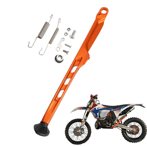 Aluminum CNC Dirt Bike Kickstand Side Stand With Springs 2024 Style For KTM XC EXC EXC F TE TX FE EX EC ES 125 150 250 300 350 450 500 2023 2024 Ride Ready Lightweight Rustproof Replacement shown with installation accessories.