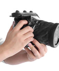 Close-up of hands holding Underwater DSLR Housing Case for Diving 20 Meter Depth Fully Sealed Anti Shock Dry Bag Pouch Black Case