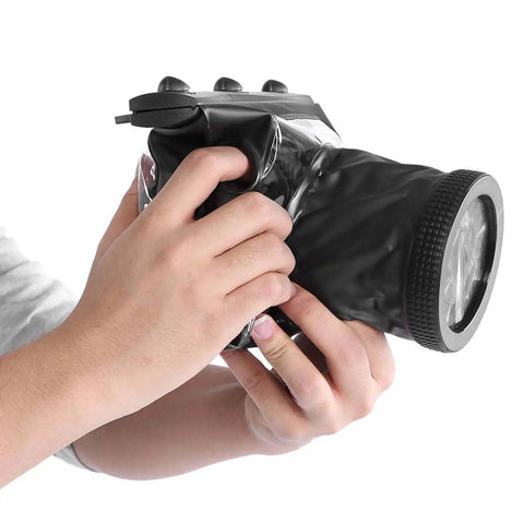 Close-up of hands holding Underwater DSLR Housing Case for Diving 20 Meter Depth Fully Sealed Anti Shock Dry Bag Pouch Black Case