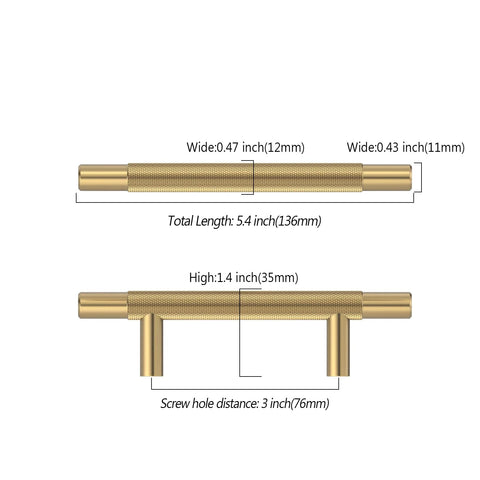 Dimensions of Champagne Bronze Knurled 3 Inch (76mm) Cabinet Handles 10 Pack for Kitchen Cabinets Cupboards Drawers