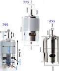 Solid High-Speed Dc Motor With 12-24V Input And Major Torque For Industrial Automation Projects Or Robot Builds featuring three models with dimensions.