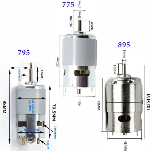 Solid High-Speed Dc Motor With 12-24V Input And Major Torque For Industrial Automation Projects Or Robot Builds featuring three models with dimensions.