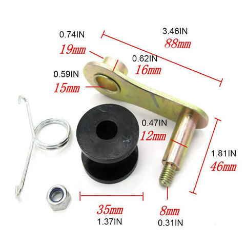 Top Tier All Purpose Chain Roller Tensioner Kit For Your Powersports Rig Easy Install Heavy Duty Metal Chain Adjuster With Extra Roller For Smooth Ride And Long Life Without The Hiccup. metal tensioner kit with 35mm roller and 88mm arm, shown with spring and nut
