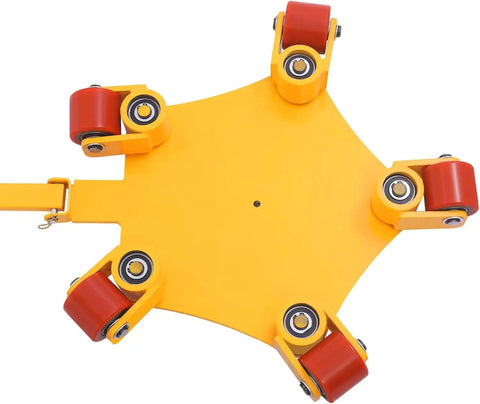 Heavy Duty Machine Skates 4409 Lbs Rock Solid Carbon Steel Industrial Dollies with red swivel rollers on yellow chassis.