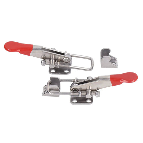 Adjustable Toggle Latches Set Built Tough For Woodworking And Auto Projects, 400lb Capacity, Safe Locking That Keeps Doors From Opening Unexpectedly, Great For Machinery And Automotive Parts, Two Piece Kit showing two stainless steel latches with red handles and mounting brackets.