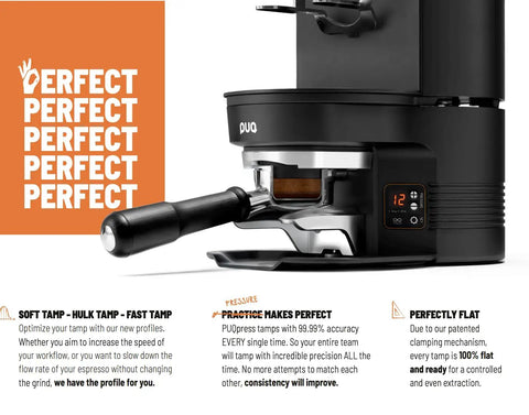 Total Game Changer Automatic Coffee Tamper That Delivers Spot On Espresso Shots Daily With No Hassle Pressure Dial And Fast Swap Cartridge Mount Compatible Mahlkonig E80 Grinders In Cool Black Finish, showcasing a sleek black design with tamping mechanism.