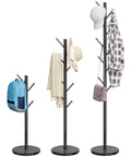 Freestanding Coat Rack With Natural Marble Base And 10 Hooks, showing adjustable height levels with bags and hats on stand