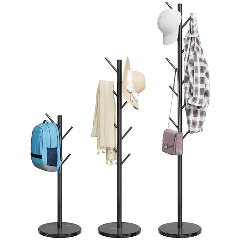 Freestanding Coat Rack With Natural Marble Base And 10 Hooks, showing adjustable height levels with bags and hats on stand
