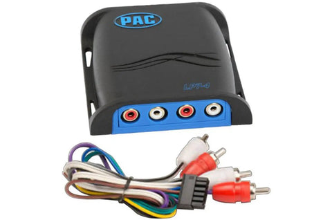 Pro Series 4 Channel Line Output Converter With Remote Turn On For OEM Radios, High Power Speaker Level To RCA Output, Easy Add An Amplifier, Single Dial Gain, Blue Finish, shown with multiple cables