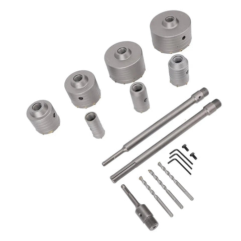Get This Rock Solid Aramox Hole Saw Kit For Concrete Jobs With Seven Tungsten Steel Sizes From 30 Mm To 110 Mm And An Sds Plus Shank Making Masonry Tasks Way Easier And Faster For Your Next Big Build Or Repair Job At Home. seven tungsten steel hole saw bits, SDS Plus shanks and drill bits laid out