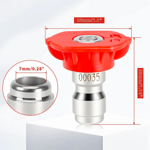 Front view of red 0-degree pressure washer nozzle with 1/4-inch quick-connect; metal tip