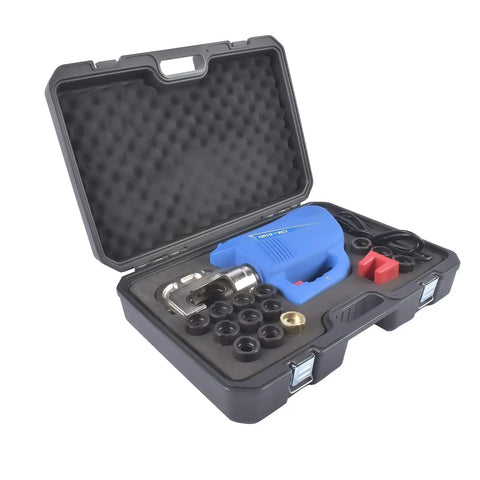 Built Like A Tank 15 Ton Hydraulic Crimping Tool With 14 Die Set Professional Grade For 9 Awg To 800 MCM Cable in kit case open.