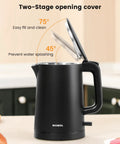 Compact Electric Kettle For Tea And Coffee 0.8L 27 Oz Double Wall Stainless Steel Space Saving shown with open lid angles
