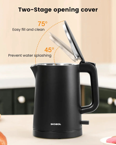Compact Electric Kettle For Tea And Coffee 0.8L 27 Oz Double Wall Stainless Steel Space Saving shown with open lid angles