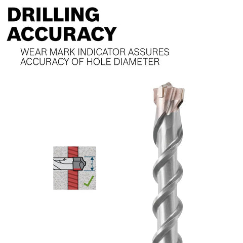 SDS-Max Speed-X Carbide Rotary Hammer Bit For Concrete Drilling, 2 In X 23 In, wear mark indicator for hole accuracy