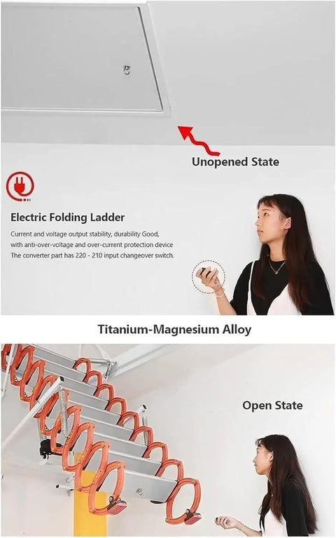 Electric Attic Ladder With Remote Control Pull Down Loft Stairway Featuring Tough Titanium Alloy Steps And Non Skid Base For Slick Retractable Action And Dead Simple Everyday Use in open and unopened states