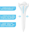 Close-up of 1.5 Inch Plastic Golf Tees Pack Of 120 With Low Friction Tech, highlighting unbreakable design and 4-prong structure.