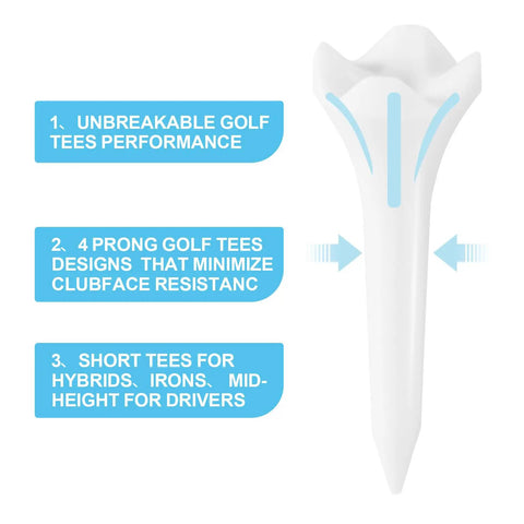 Close-up of 1.5 Inch Plastic Golf Tees Pack Of 120 With Low Friction Tech, highlighting unbreakable design and 4-prong structure.