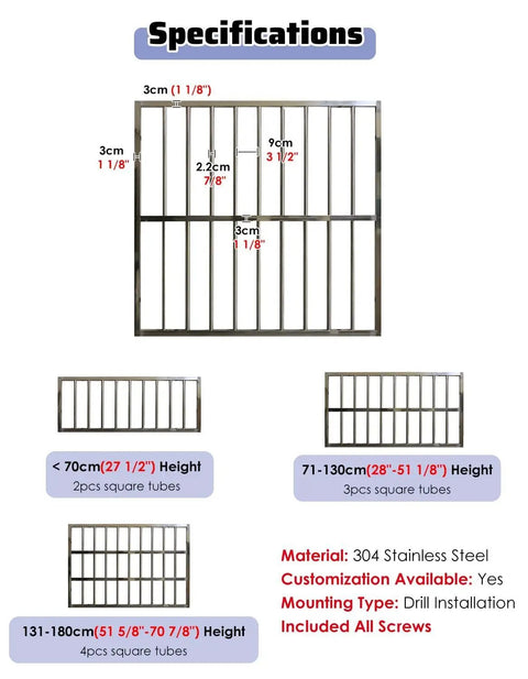 Heavy Duty 304 Stainless Steel Window Security Bars And Balustrades Rock Solid Safety Railings specifications, sizes, and details chart.