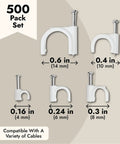 Round Cable Wire Clips Set For Wall Mounting And Cable Management, 500-Pack, sizes 4, 6, 8, 10, 14mm, white with nails