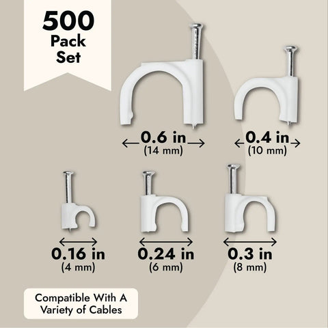 Round Cable Wire Clips Set For Wall Mounting And Cable Management, 500-Pack, sizes 4, 6, 8, 10, 14mm, white with nails