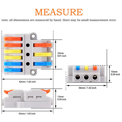 Must Have Push In Electrical Connectors Kit With Lever Wires, 3 in 6 out terminal block dimensions shown