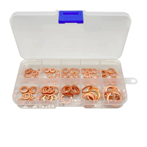 Top Flat Copper Washers 100 Pcs Assortment Kit heat-resistant sealing gaskets in organizer case, M4-M14