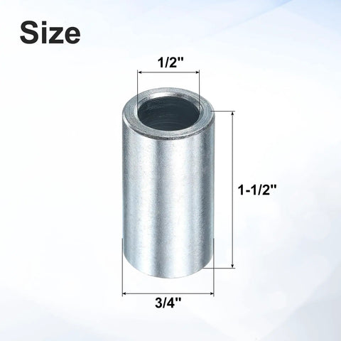 Galvanized Steel Spacers Ten Pack Heavy Duty Round Metal Spacers One Half Inch Bore Three Quarter Inch Outer Diameter One And A Half Inch Length Unthreaded Standoff Bushings Plain Finish For M12 Screws And Bolts, size view