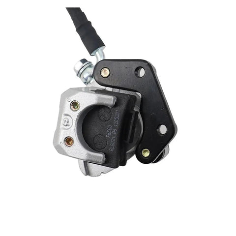 Close-up of Honda Monkey Z50 Front Hydraulic Disc Brake Caliper Kit for Z50R Motorcycle showing bolt and steel components.