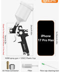 Pro Grade HVLP Paint Sprayer Gun Equipped With Ultra Fine Atomization Nozzles For Effortless House And Automotive Coatings That Delivers Sweet Results Every Single Time next to iPhone for size comparison.