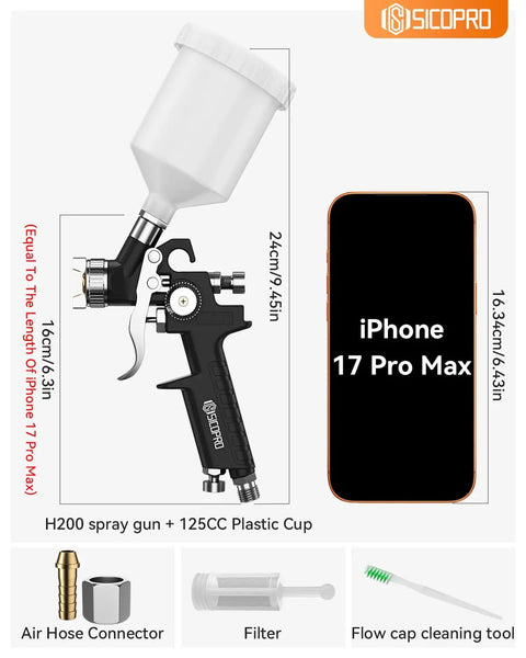 Pro Grade HVLP Paint Sprayer Gun Equipped With Ultra Fine Atomization Nozzles For Effortless House And Automotive Coatings That Delivers Sweet Results Every Single Time next to iPhone for size comparison.