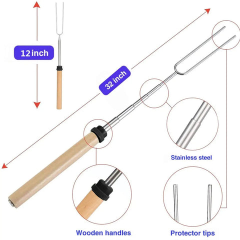 Heavy Duty 27 Piece Camping Cookware Kit With Stainless Steel Grilling Utensils featuring a 32-inch skewer with wooden handle.