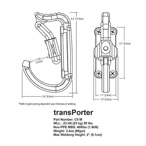 Diagram of Heavy Duty Tool Holder Carabiner With Dual Push Button Locking Gate for Climbing Harnesses with dimensions.