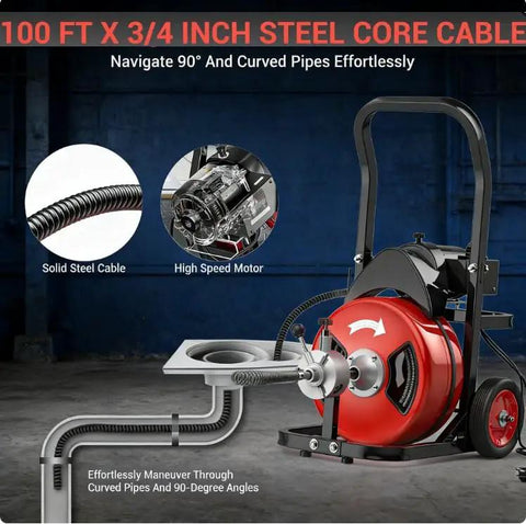 Heavy Duty Electric Drain Auger With Auto Feed And Six Easy Swap Cutters Clears Pesky Clogs In Four To Eight Inch Pipes, featuring 100 ft steel core cable.