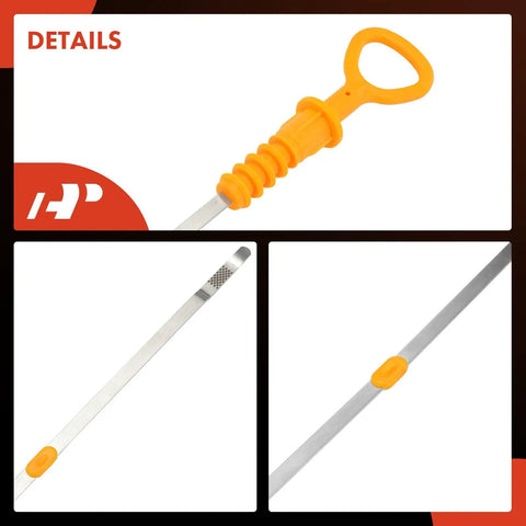 Must Have Engine Oil Dipstick For Volkswagen And Audi 1.8L 2.0L Engines Fits Jetta Beetle Golf Passat A4 A4 Quattro Measuring Rod Dipstick For Accurate Oil Level Check shown with orange handle and stainless steel construction in detailed angles.
