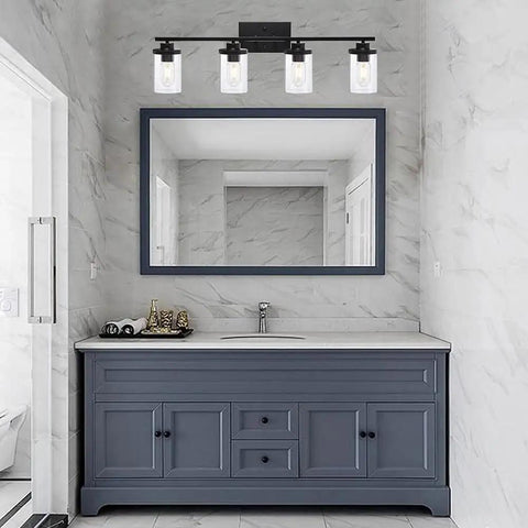 4 Light Vanity Fixtures Over Mirror in Matte Black With Clear Cylinder Glass Industrial Farmhouse Wall Sconces in bathroom