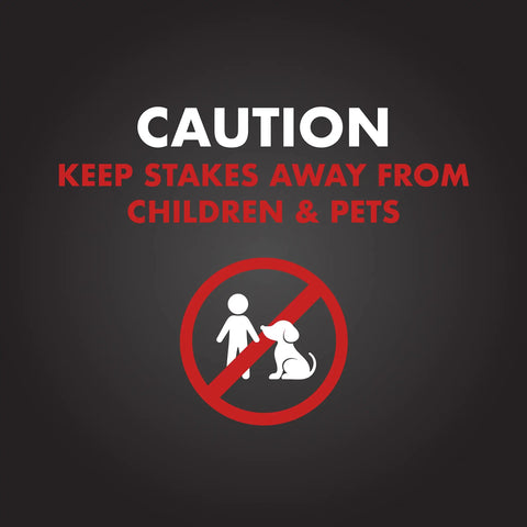 Warning sign indicating to keep Outdoor Ant Killing Stakes 6 Count Kit away from children and pets, with red caution symbols.