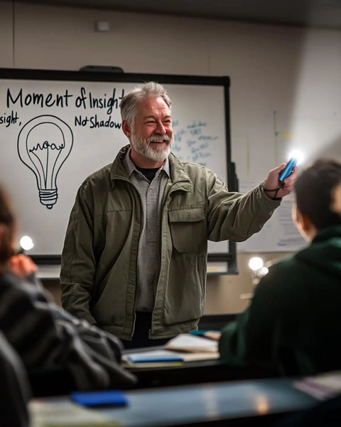 Teacher demonstrating 30 Pack Mini Flashlight Set With Aluminum LED Handheld Torches And Lanyards Assorted Colors in a classroom setting.