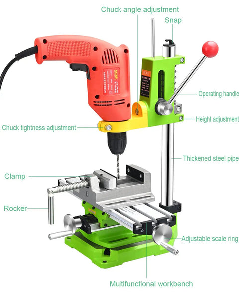 Premium Piefeak Drill Press Stand With Solid Vice And Workbench Multifunction Benchtop Pillar Tool for Auxiliary Drilling setup with adjustable clamp and operating handle.