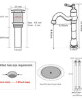 Diagram of 360 Degree Swivel Vessel Sink Faucet With One Hole Install, Brushed Gold Farmhouse Vanity Faucet, measurements and specs