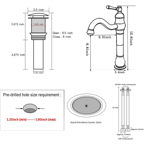 Diagram of 360 Degree Swivel Vessel Sink Faucet With One Hole Install, Brushed Gold Farmhouse Vanity Faucet, measurements and specs