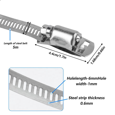 Front view of 304 stainless steel hose clamp on a perforated metal strap; inset shows hole spacing and strap thickness.