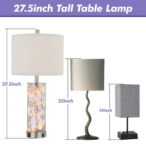 27.5 Inch Coastal Glass Table Lamps Set Of 2 With Seashells And Fairy Lights, 3 Way Dimmable Touch Lamps With USB Ports