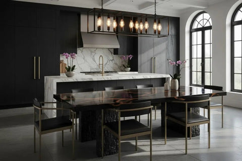 Modern kitchen with dark cabinets, marble countertops, and a spacious dining table in ebony finish for elegant dining.