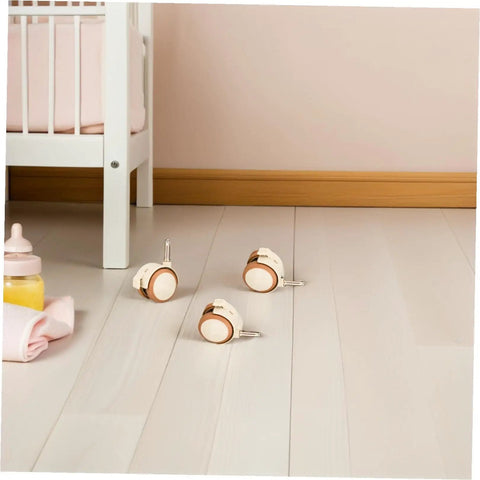 Swivel Caster Wheels With Brakes, Rubber Stem Casters for furniture replacement on nursery floor, near pink crib, easy attachment.