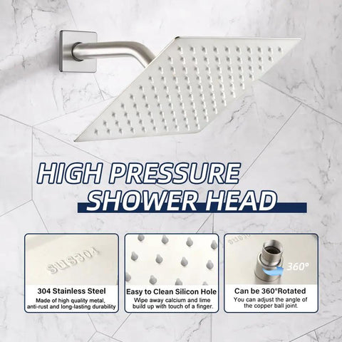 Slick Brushed Nickel Shower Faucet With Tub Spout Rainfall System Wall Mount Set showing stainless steel rainfall shower head