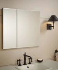 Bathroom Medicine Cabinet With Mirror, Double Beveled Doors, Recessed Wall Mount over sink with modern lighting