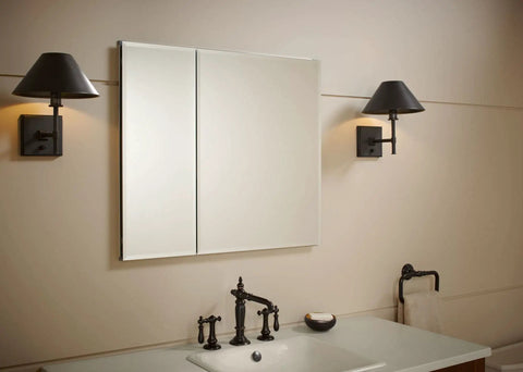 Bathroom Medicine Cabinet With Mirror, Double Beveled Doors, Recessed Wall Mount over sink with modern lighting