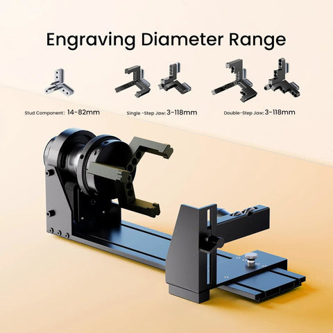 Four In One Laser Rotary Chuck Attachment For Cylindrical Engraving On Wine Glasses Mugs Tumblers And Irregular Shapes That Plays Nice With Ray5 Ray5mini B1 And Most Laser Engravers, showing black metal chuck with adjustable parts.