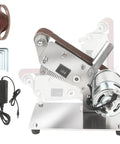 Heavy Duty Mini Belt Sander With 90 Degree Adjustable Head, electric polisher for wood, metal, resin, acrylic, shows motor and sanding belt.